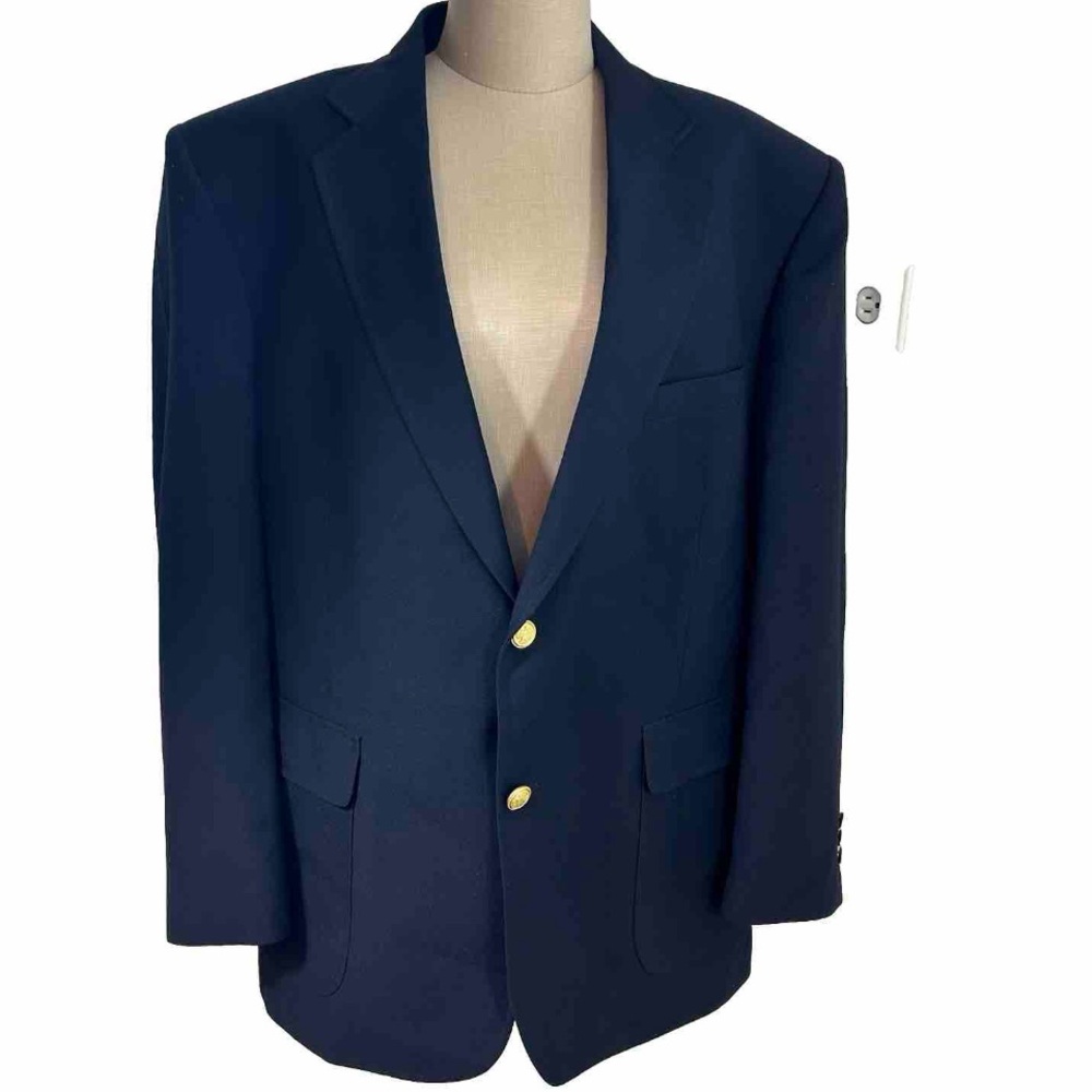 David Taylor 42R Blazer Wool Blend Navy‎ Blue Gold Button Lined Vented Nautical